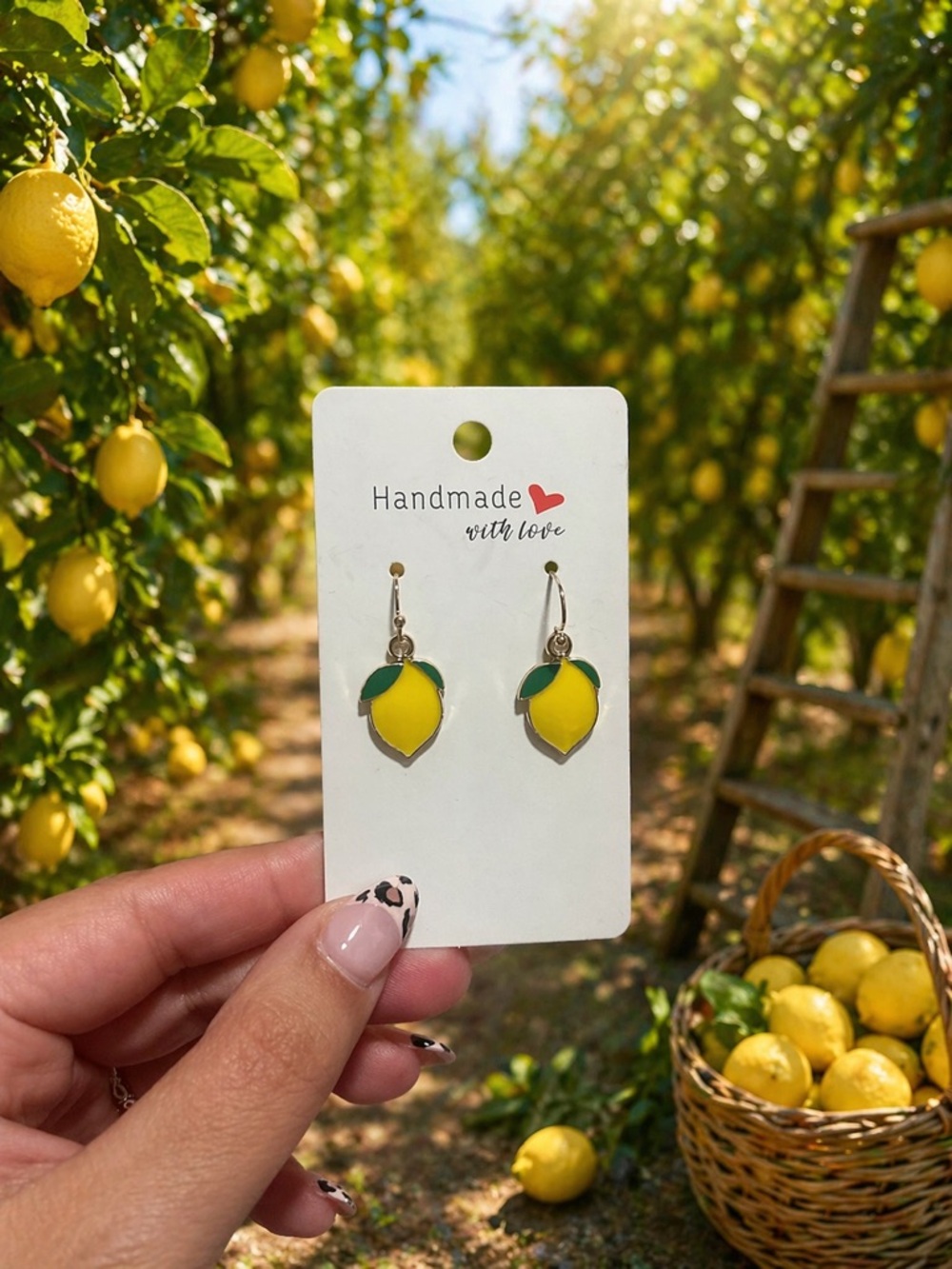 Handmade Lemon Drop Earrings — Yellow with Green Leaf Accent